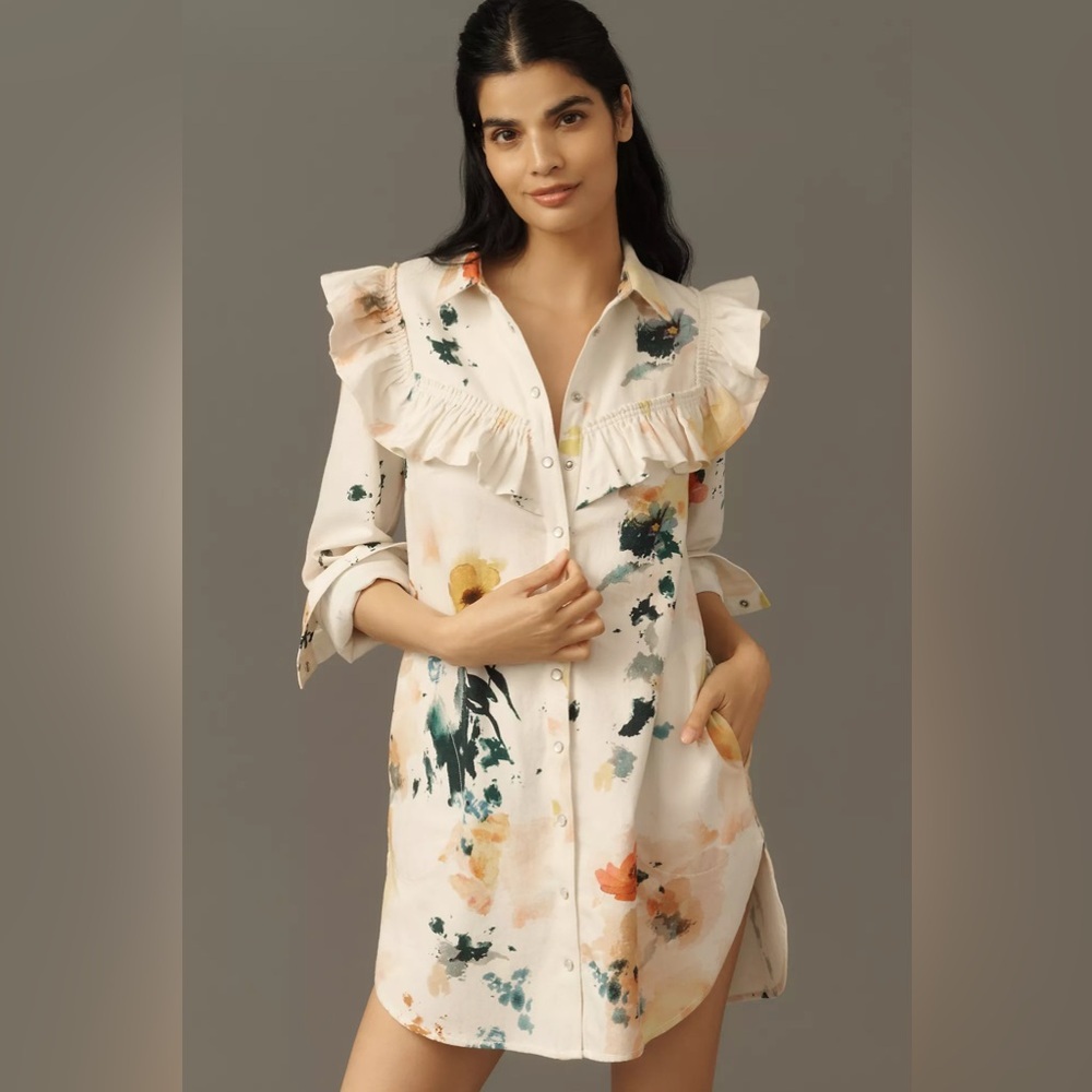 NWT Anthropologie Pilcro Small Long-Sleeve Ruffled Denim Mini Shirt Dress - Picture 5 of 13